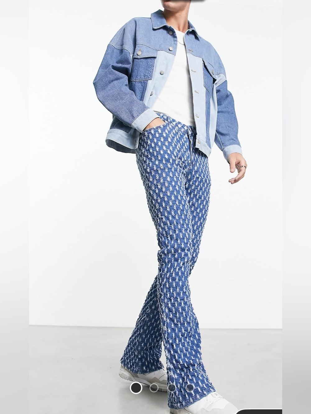 ASOS design mens stretch flare jeans with all over distressing in blue w36 l30